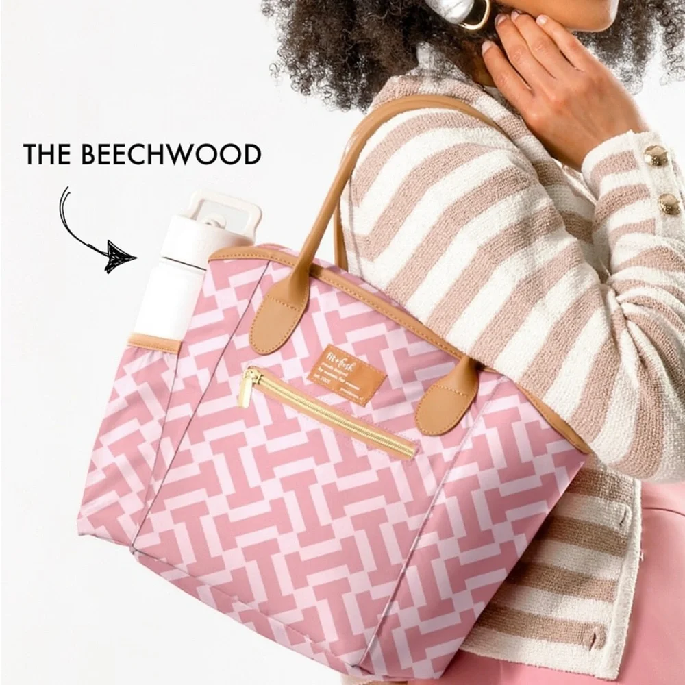 Pink Patterned Tote with Tan Trim